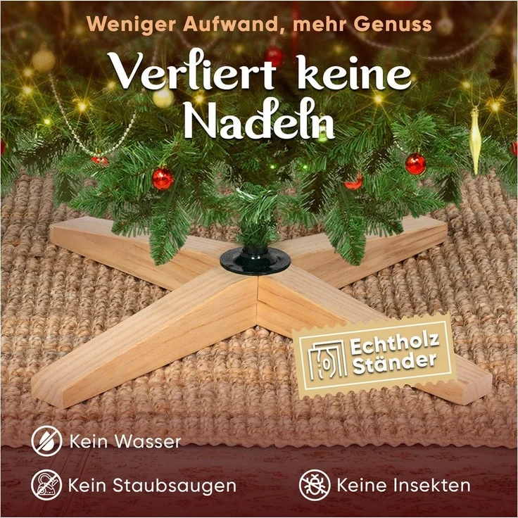 VESKA Künstlicher Weihnachtsbaum Naturgetreu mit Holzständer, Tannenbaum 140cm / 180 cm, Nordmanntanne, dichte Zweige, mit Aufbewahrungstasche, LED Beleuchtung – Bild 3