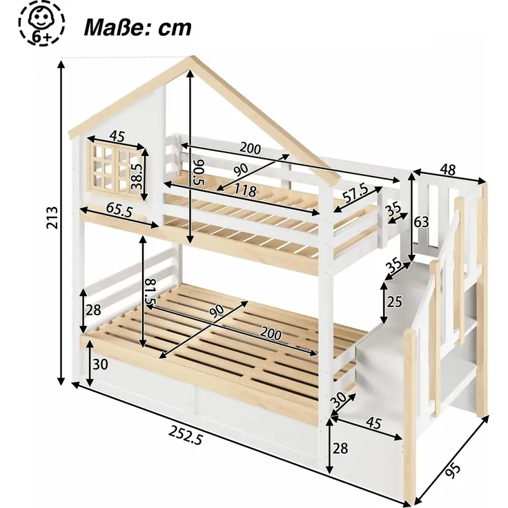 Etagenbett mit 2 Liegeflächen, Rausfallschutz, Stauraum und Lattenrosten, Treppe mit Regal, 90x200 cm/90x200 cm, Kinderbett, Stauraumbett, Kiefer – Bild 6