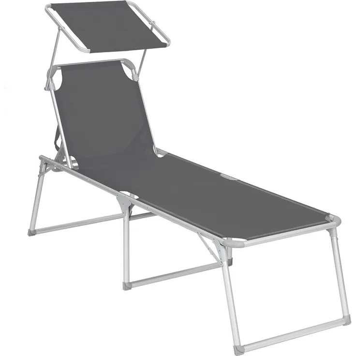 SONGMICS klappbare Sonnenliege, 65 x 200 x 48 cm, bis 150 kg belastbar, Liegestuhl, Gartenliege, extra groß, mit Sonnendach, Rückenlehne verstellbar, dunkelgrau GCB26GY