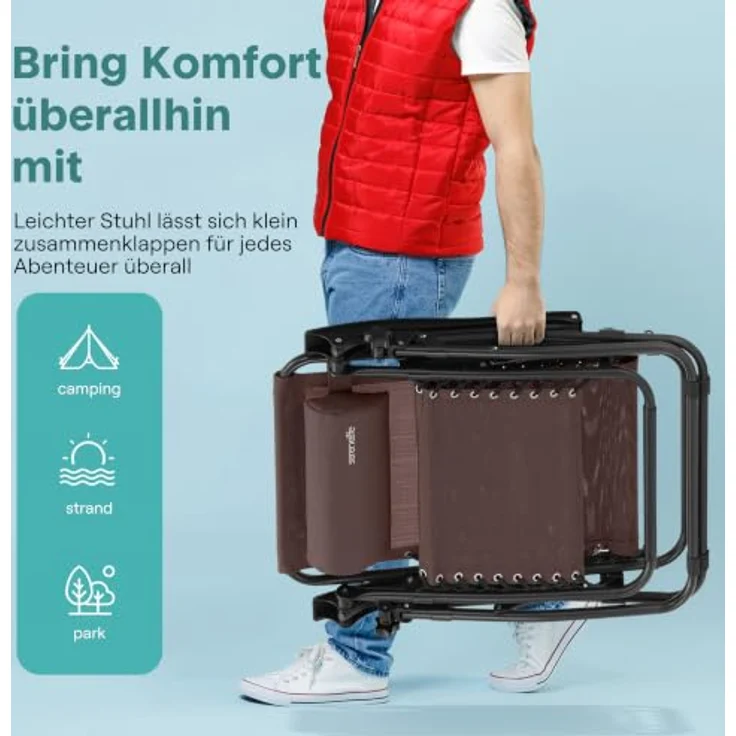 SereneLife Sonnenliege Klappbar 2er Set mit Tisch, Zero Gravity Liegestuhl Garten, bis 120 kg Braun, Verstellbar und Wetterfest, mit Getränkehalter und Kopfkissen, für Balkon Strand Camping – Bild 5