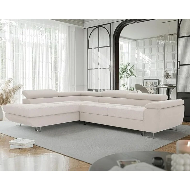 Idohome Ecksofa mit Schlaffunktion und Bettkasten, Verstellbare Kopfstützen, Stoff Monolith, mit Schlaffunktion und Bettkasten, Ausrichtung links, Gesteppte Oberfläche, Creme, 274x203 cm – Bild 2