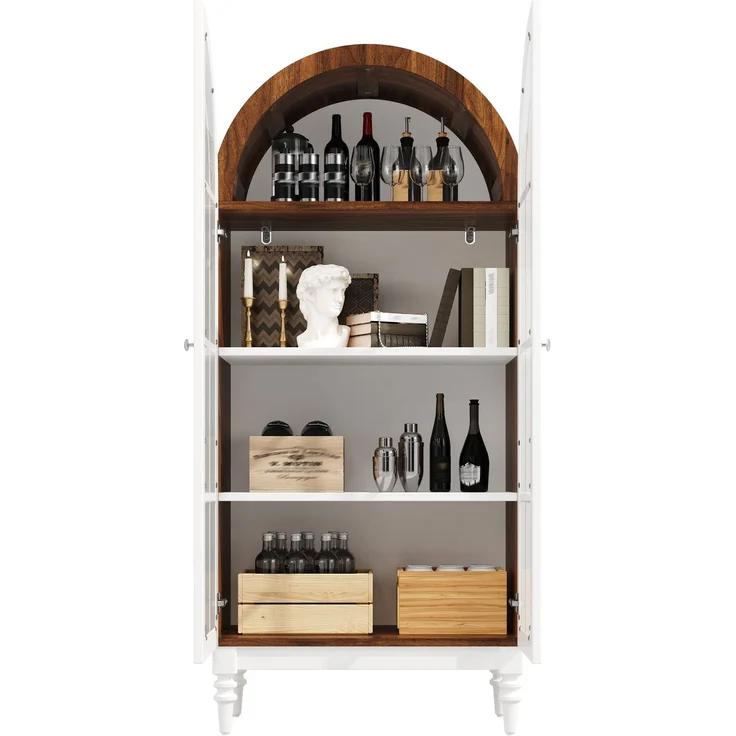 Bogen-Vitrinenschrank 165cm mit Riffelglas-Doppeltüren, 3 Einlegeebenen, 2 Farben (Nussbaum+Weiß)--Weiß--76x38.5x165cm--YOUDENOVA – Bild 9