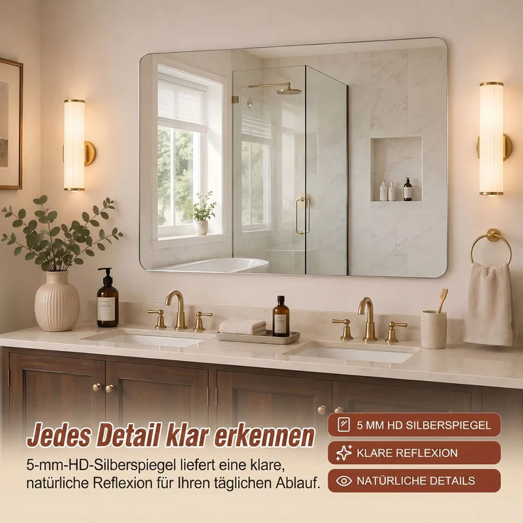 Abrihome Badezimmerspiegel Rechteckiger Wandspiegel mit rahmenlosem Design, Silber, 90x70 cm – Bild 5