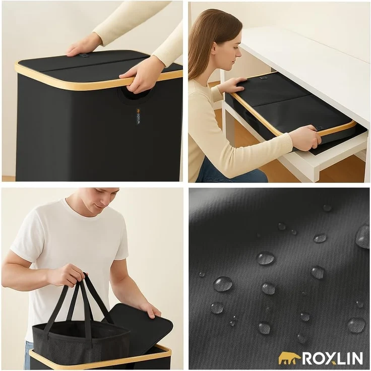 Roxlin Wäschekorb Wäschekorb 150L mit Deckel & 2 Taschen, faltbar & wasserdicht – Bild 2