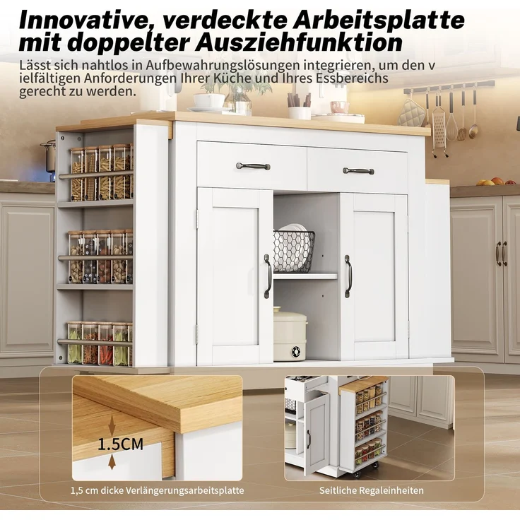 Merax 340cm Kücheninsel mit zwei ausziehbaren Arbeitsflächen,stilvolle mobile Insel,verstellbare Regalböden,2x220V-Steckdosen,2xUSB-Anschlüsse, Weiß – Bild 3