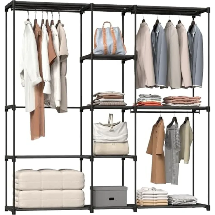 HOMCOM Kleiderschrank Offen 4 Stock Garderobe 182 x 43 x 185 cm Schwarz | Kleiderständer, Mit 2 Hängefächern, Für Wohnzimmer, Schlafzimmer