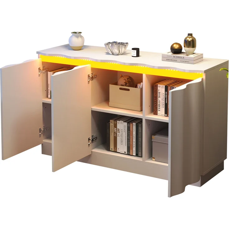 Sideboard 120 x 39,5 x 69,5 cm in Weiß mit 3 Türen, verstellbaren Einlegeböden und App-gesteuertem LED-Licht – Bild 5