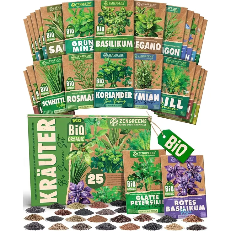 ZenGreens® - Bio Kräutersamen im 25er Set - 25 Kräuter Samen für den einfachen Anbau im Garten, Balkon oder Hochbeet - Pflanzensamen - Saatgut
