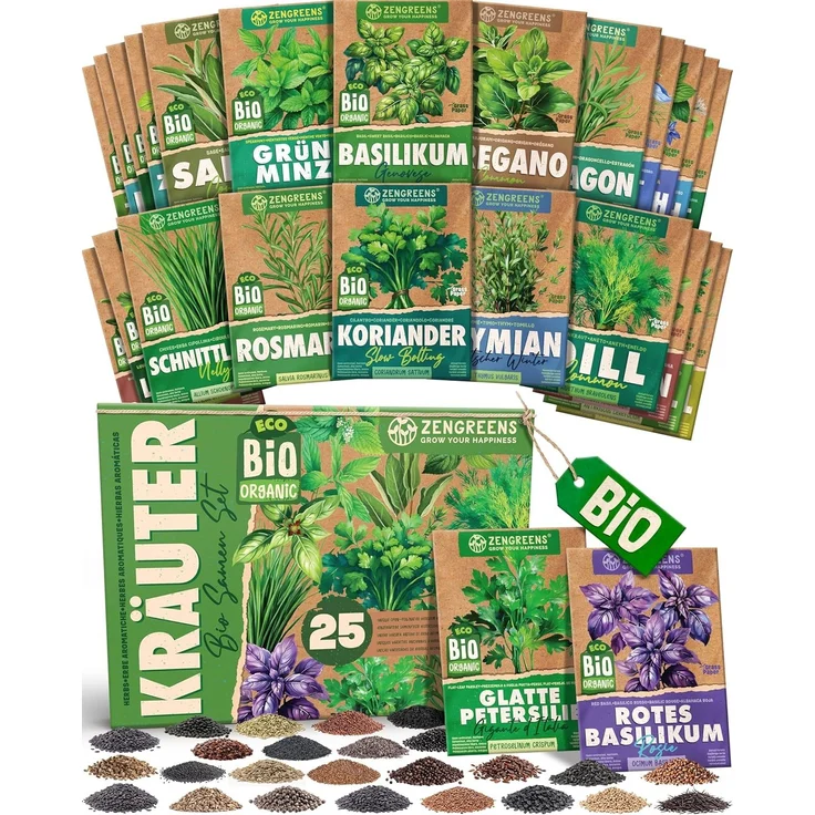 ZenGreens® - Bio Kräutersamen im 25er Set - 25 Kräuter Samen für den einfachen Anbau im Garten, Balkon oder Hochbeet - Pflanzensamen - Saatgut – Bild 1