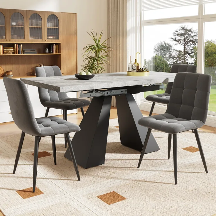 Merax Essgruppe (5-tlg),Esstisch-Set, Ausziehbares Esstischset für 4 Personen,160×80×75cm Esstisch mit 4 Esszimmerstühlen,Grauer Samt-Esszimmerstuhl, Grauer Tisch mit Säulenfüßen