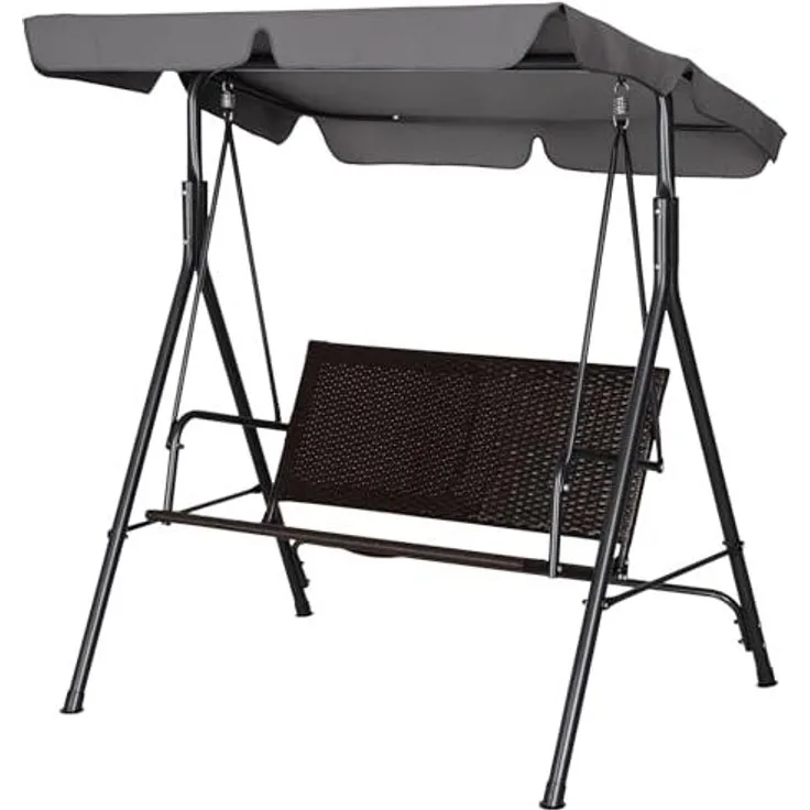 Outsunny Hollywoodschaukel mit Verstellbares Sonnendach, Rattan, 2-Sitzer, Relaxfunktionen, Schaukelbank, 1 tlg, Gartenschaukel, für Garten, Balkon, Schwarz