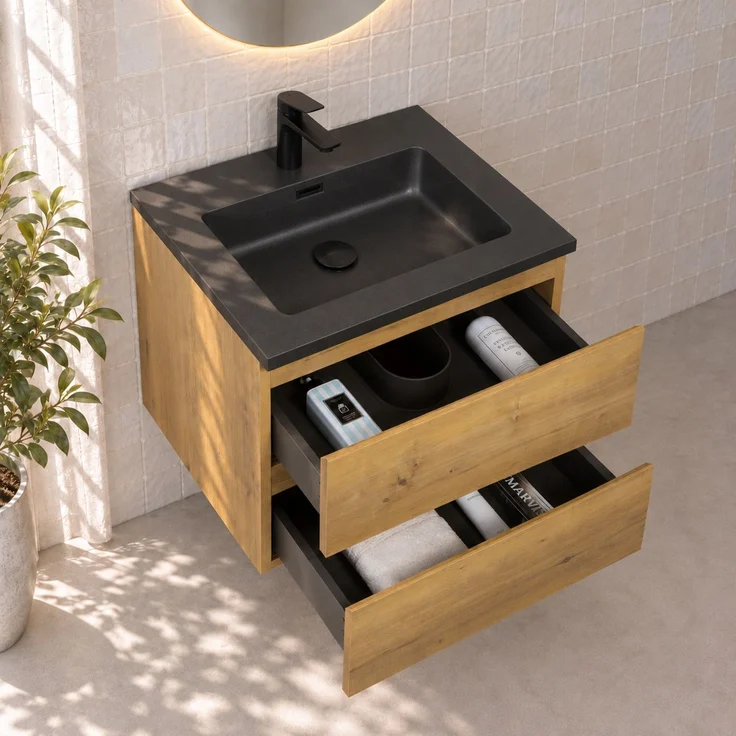 Badplaats Badmöbel Set mit Waschbecken und Unterschrank Angela 60 x 48 cm Eiche - Waschbeckenunterschrank mit Soft-Close und Schwarze Waschbecken, Vorgemontiert – Bild 3