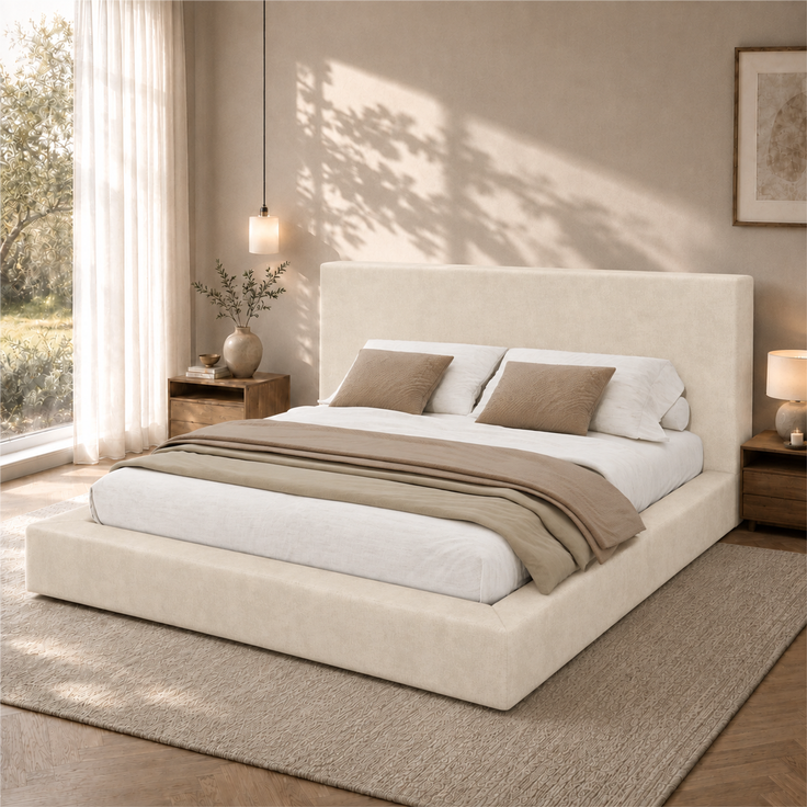 Polsterbett, Doppelbett,180 x 200cm, Bett mit Lattenrost, gepolstertes Kopfteil, Beige Chenille