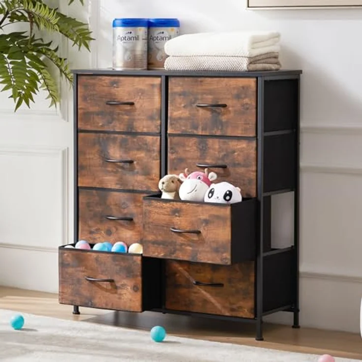 Sweetcrispy Kommode,Sideboard Wohnzimmer für Schlafzimmer mit 8 Stoffschubladen,Einstellbare Füße Schubladenschrank,Schwarzbraun – Bild 2