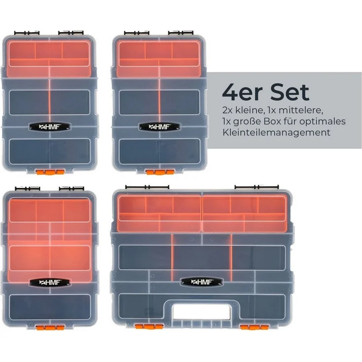 HMF Sortimentskasten Sortierbox leer, Sortimentskasten für Werkzeug und Kleinteile (Set, 4 Boxen), 49 Fächer, transparenter Deckel, Schwarz-Orange – Bild 3