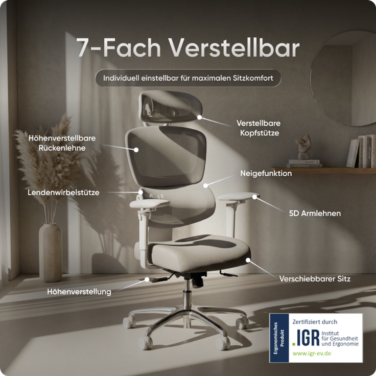 DESKSPACE Move Pro Ergonomischer Bürostuhl - Höhenverstellbarer Drehstuhl 3-stufiger Neigung Schreibtischstuhl, Bürodrehstuhl 150 kg Grau – Bild 3