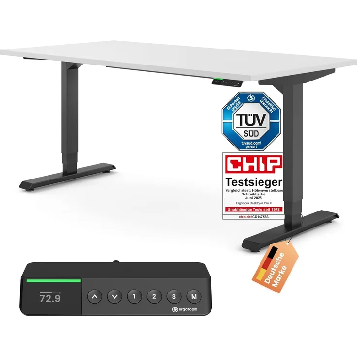Desktopia Pro X - Elektrisch höhenverstellbarer Schreibtisch / Ergonomischer Tisch mit Memory-Funktion, Weiß, Gestell Schwarz, 160x80 cm