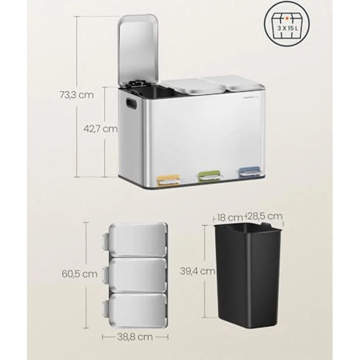 SONGMICS HOME Mülleimer Küche, 3x15 L Fächer, Abfalleimer mit farbcodierbaren Pedalen, Mülltrennsystem, mit Deckeln und Inneneimern, Stahl, metallicsilber LTB740E45V1 – Bild 6