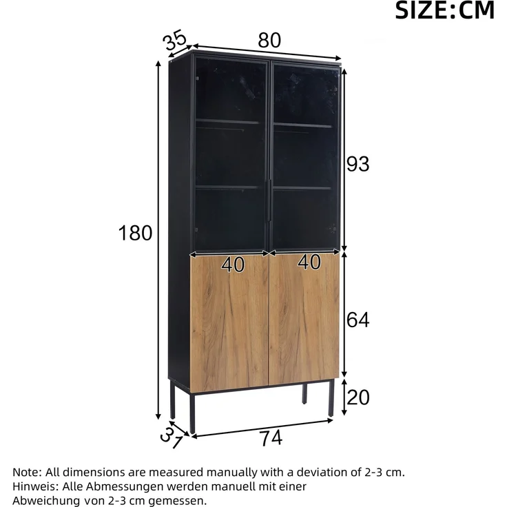 Vitrine mit Glastüren, 180 cm hoher Schrank mit LED-Leuchten, Bücherregal, 5-stöckige Glasvitrine für Sammlerstücke, Bücherregal, Büro, Schwarz/Eiche--Schwarz, Eiche--74x31x180cm--YOUDENOVA – Bild 4