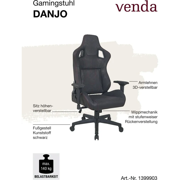 Venda 'DANJO' Gamer Stuhl, Mikrofaser schwarz, 73 x 130 x 60 cm, höhenverstellbar mit Tilt-Funktion – Bild 6