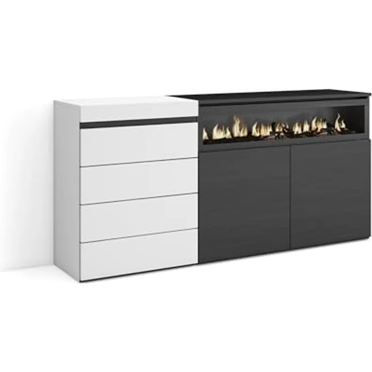 Skraut Home | Kommode mit Schubladen | Aufbewahrungsschrank | 157 x 75 x 35 cm | Für Schlafzimmer, Zimmer | Elektrokamin. | Moderner Stil | Weiß und Schwarz – Bild 2