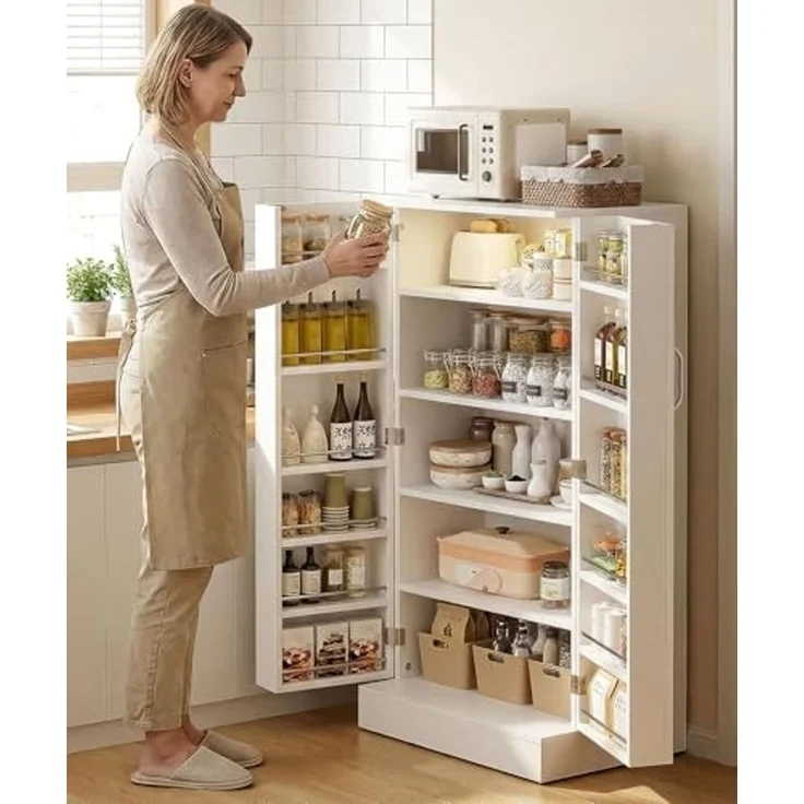 Yorbay Mehrzweckschrank Küchenschrank mit LED-Sensorlicht & höhenverstellbaren Regalen (118 x 60 x 38 cm) Freistehender Vorratsschrank mit Doppeltüren für Küche & Wohnzimmer – Bild 2