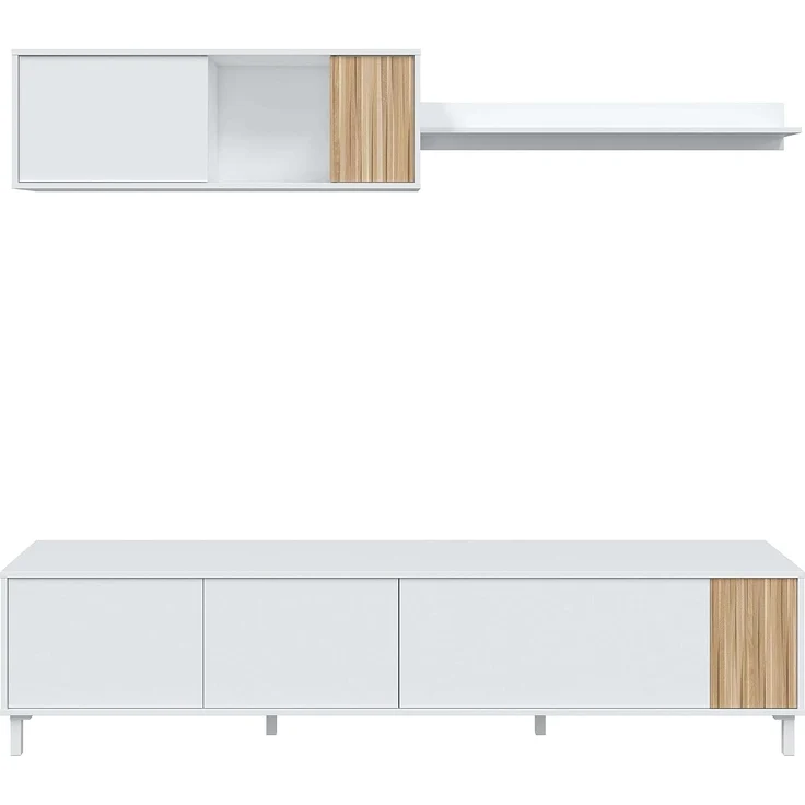 Habitdesign, Wohnzimmermöbel mit großem Stauraum, 5 Drehtüren und 1 Klapptür, in Artik weiß und Natur, moderner Stil für Esszimmer, Maße: 200 x 47 x 40 cm (B x H x T), Modell Ethna – Bild 3