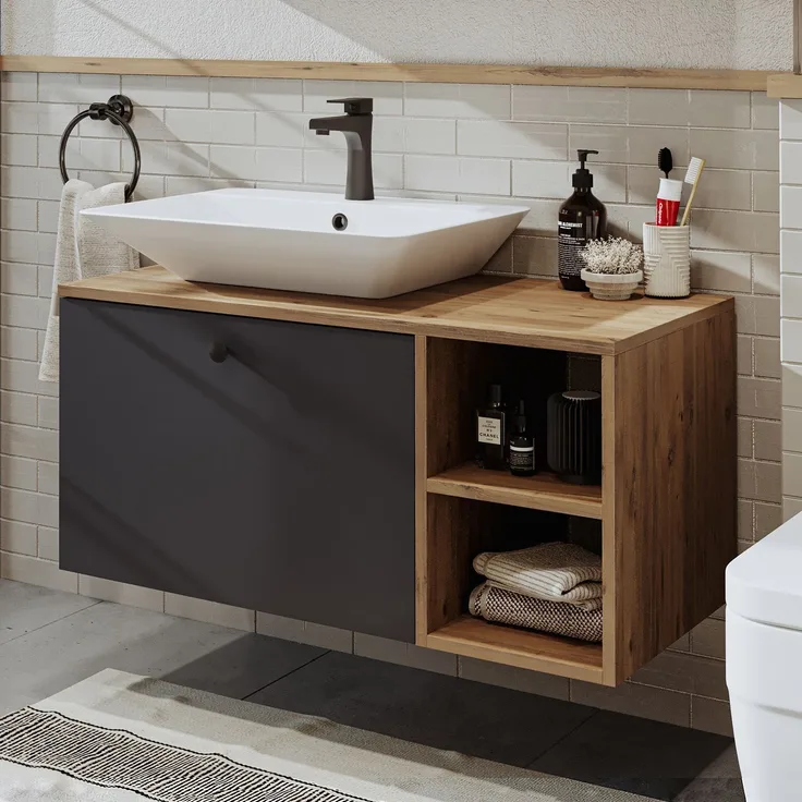 Skye Decor '2454' Badezimmerschrank mit Waschbecken, Atlantik-Kiefer / Anthrazit, 95 x 56,5 x 45 cm