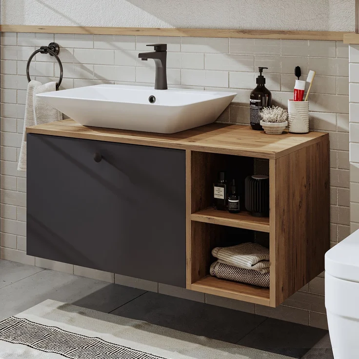 Skye Decor '2454' Badezimmerschrank mit Waschbecken, Atlantik-Kiefer / Anthrazit, 95 x 56,5 x 45 cm – Bild 1