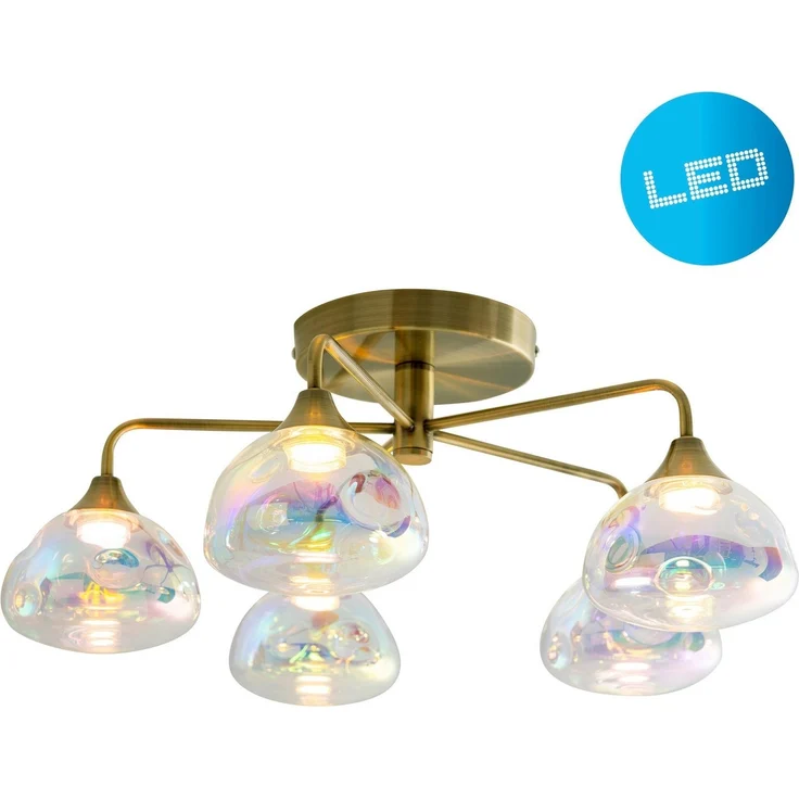 näve LED Deckenleuchte Varna, LED fest integriert, Warmweiß, 5 flg. irisierendes Glas incl. LEDs warmweiß Gestell messing – Bild 2