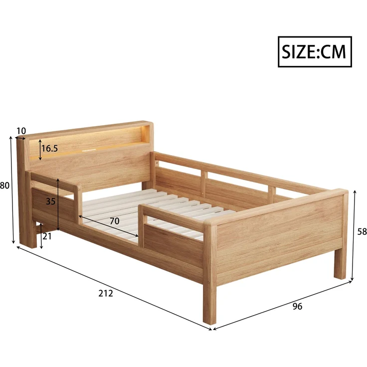 Kinderbett 90x200 cm mit LED & USB Type-C Anschluss,Massivholz Einzelbett mit Kopfteil Ablage & Gitterdesign,Weiß – Bild 5