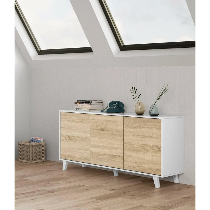 Dmora - Anrichte Arvada, Modernes Sideboard mit 3 Türen und Einlegeböden, Küchenbuffet, Wohnzimmer-Design-Buffet, 154x40h75 cm, Weiß und Eiche – Bild 4