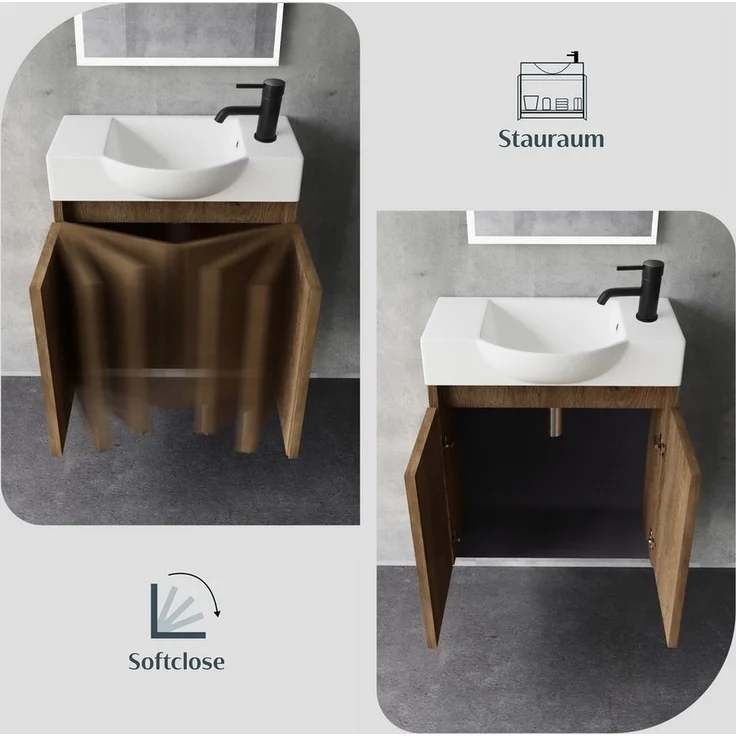Alpenberger Badmöbel-Set Gäste WC Waschbecken mit Unterschrank 55 cm Breit, (Badschrank Klein, Badmöbel Set Eiche), Waschbeckenunterschrank mit Waschbecken – Bild 3