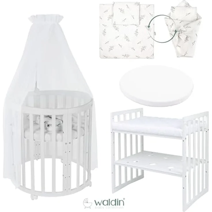 Waldin Oval Baby-Bett Mitwachsend Komplett Set 7in1, Gitterbett, Kinderbett mit Matratze, Wickelkommode, Beistellbett, Holz Weiß, Stoffe Weiß Zweige – Bild 4