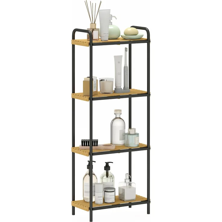 Badezimmerregal, schmaler, freistehender Aufbewahrungsregal mit 4 Ebenen aus Bambus, 1,5 x 21,5 x 106 cm, Naturholzoptik