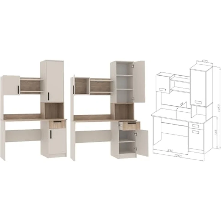 Marmex Möbel Grant Set-26C Hohe Möbelset mit Eckschrank, Schrank mit Aufsatz und Schreibtisch, Jugendzimmer Set mit Eckschrank, laminierte Spanplatte, graubeige cashmere+cremona torro, 268/91x235x52,5cm – Bild 2