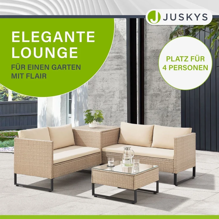 Juskys Outdoor Polyrattan Lounge Santorini - Gartenlounge mit Beistelltisch & Auflagenbox - Gartenmöbel Set Rattan Sitzecke wetterfest - Creme – Bild 4