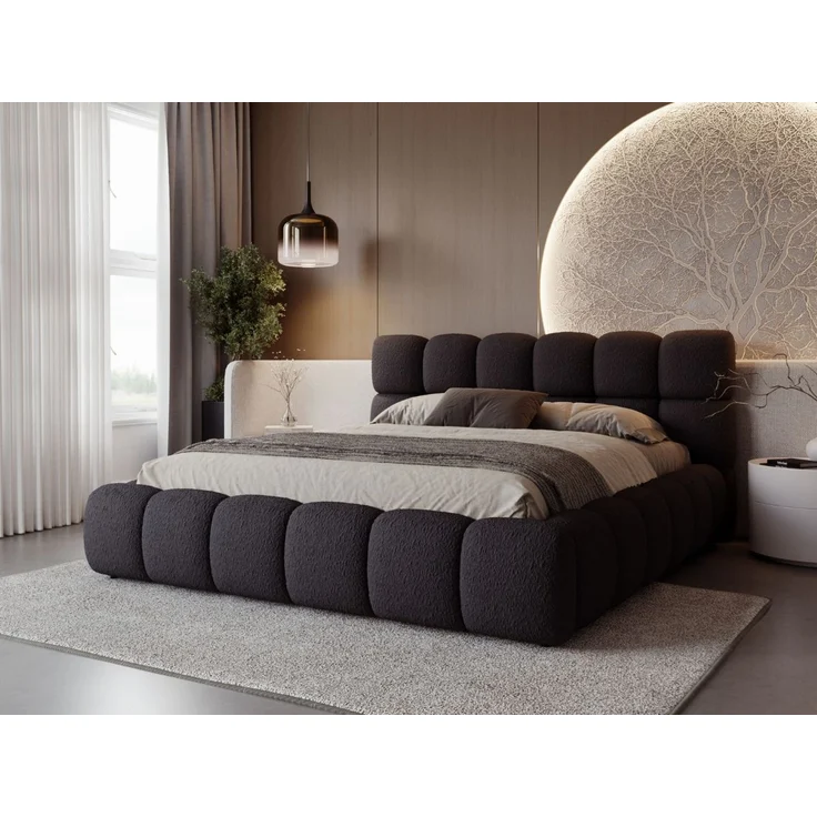 GRAINGOLD Modo Polsterbett 160x200, Doppelbett mit Kopfteil, groß Stauraum, Bouclé-Stoff, Schwarz – Bild 1