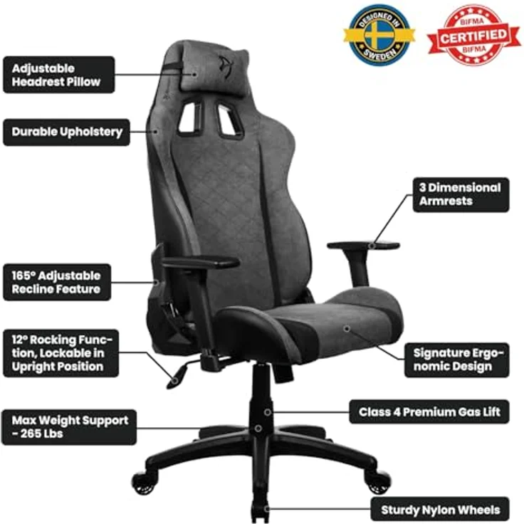 Arozzi Avanti Gaming Stuhl, Soft Fabric mit ergonomischen Armlehnen, grau – Bild 4
