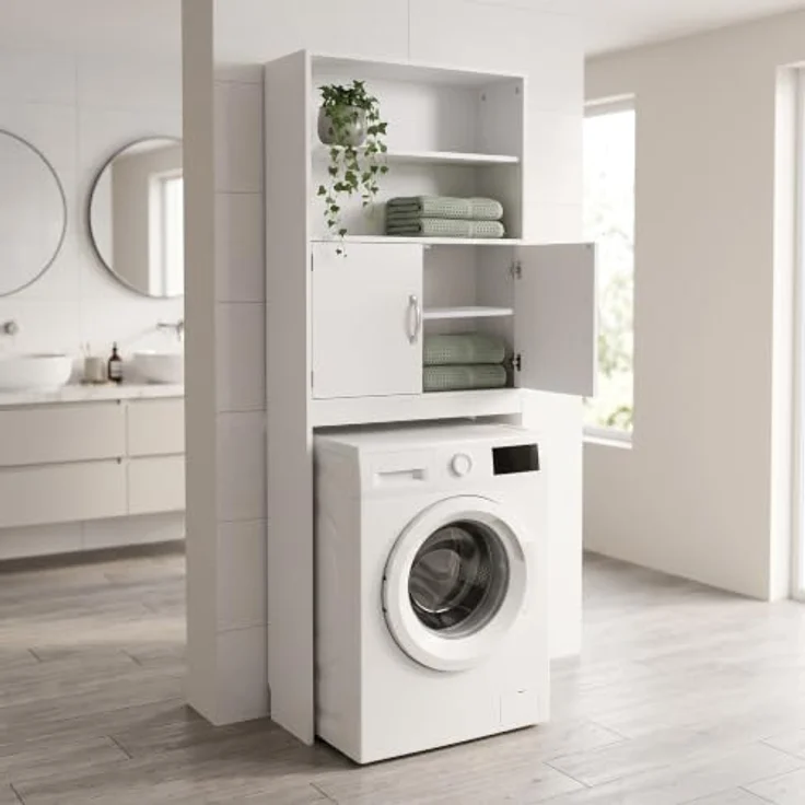 relaxdays Waschmaschinenumbauschrank, Waschmaschinenschrank mit 2 Türen, weiß, großzügiger Stauraum und verstellbare Einlegeböden – Bild 2