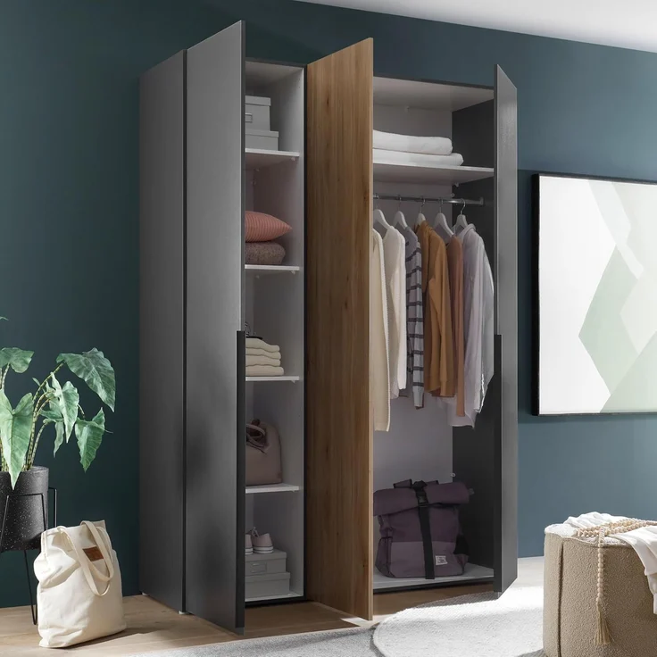 Stella Trading ASKA Kleiderschrank in Graphit, Mauvella Eiche Optik - Vielseitiger Drehtürenschrank 3-türig für Ihr Schlafzimmer - 150 x 210 x 53 cm (B/H/T) – Bild 4
