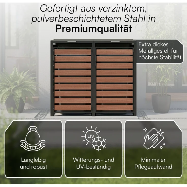 STEELSØN 'Kestra' Mülltonnenbox 2er je 240 Liter, graphitschwarz mit Nußbaum-Holzoptik, Mülltonnenverkleidung aus Stahl, wetterfest, 116x80x134 cm, Müllbox für 2 Tonnen – Bild 5