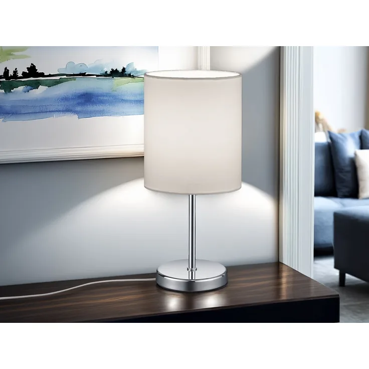 LED Tischleuchte Chrom mit Stoffschirm in Weiß, Höhe 28cm