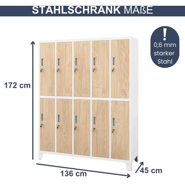 Umkleideschrank Spind BERLIN - 10 Abteile, Etikettenhalter Lüftungsschlitze | Umkleidespind Schließfachschrank Garderobenspind, 172x136x45cm Weiß-Sonoma Eiche – Bild 2