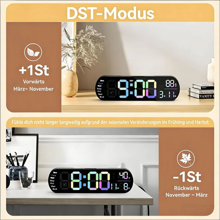 Luckice Wanduhr Digital-Wanduhr mit Fernbedienung, Timer & RGB-Nachtlicht (Automatische Helligkeitsanpassung, Dual-Alarm, moderne Wanduhr) – Bild 3