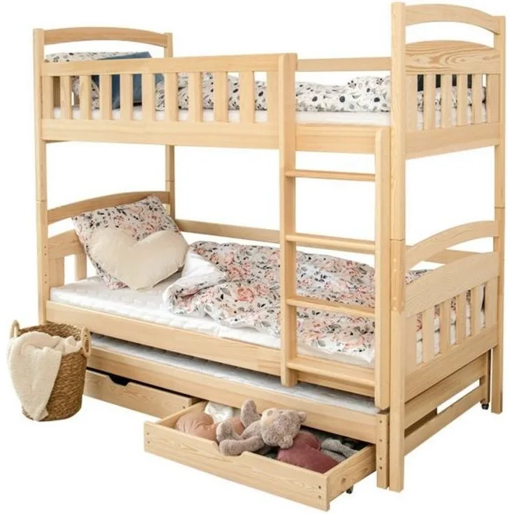 Kids Collective Etagenbett Hochbett Stockbett Kinderbett 90x200 cm mit Ausziehbett und Schubladen (Modell 2025, mit drei Matratzen inklusive), Umbaubar zu 3 Einzelbetten mit Lattenrosten & Rausfallschutz, Natur