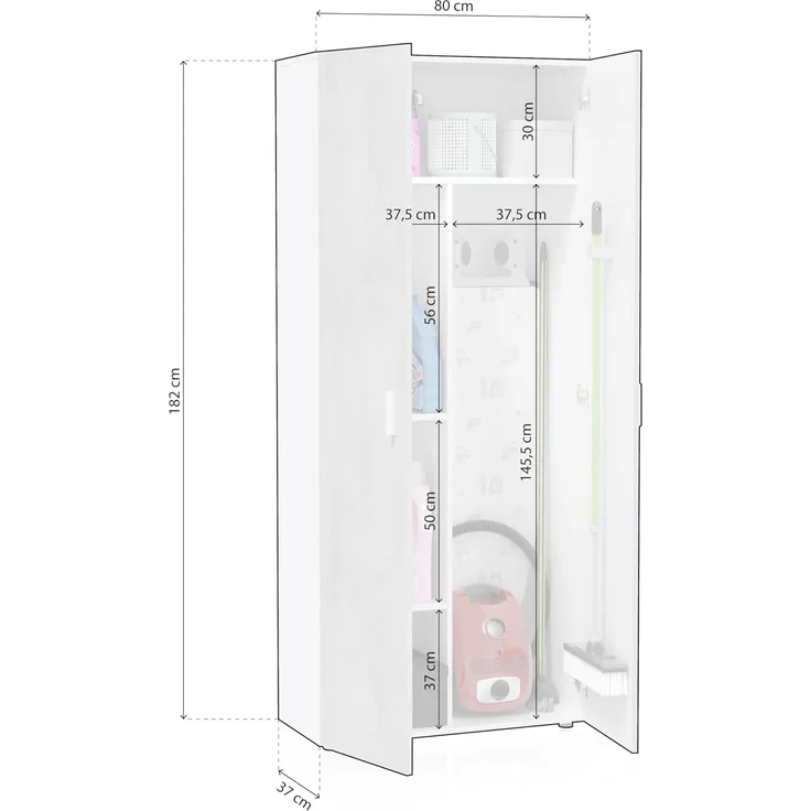 Habitdesign, Mehrzweckschrank, 2 Türen, 3 Einlegeböden, 182 x 80 x 37 cm (H x B x T), Besenschrank, Arktisweiß und Zement – Bild 3