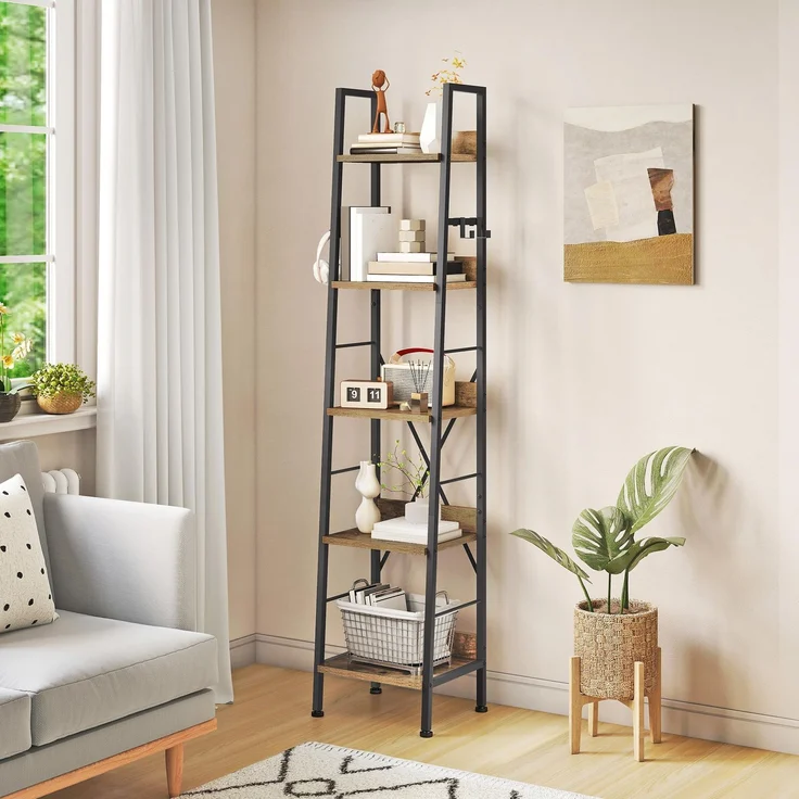 YITAHOME Schmal Bücherregal mit 5 Ebenen 35 cm Breit, Industrielles Leiterregal Standregal Holzregale und Metallrahmen, Modernes Regal für Wohnzimmer, Büro, Rustikales Braun – Bild 1