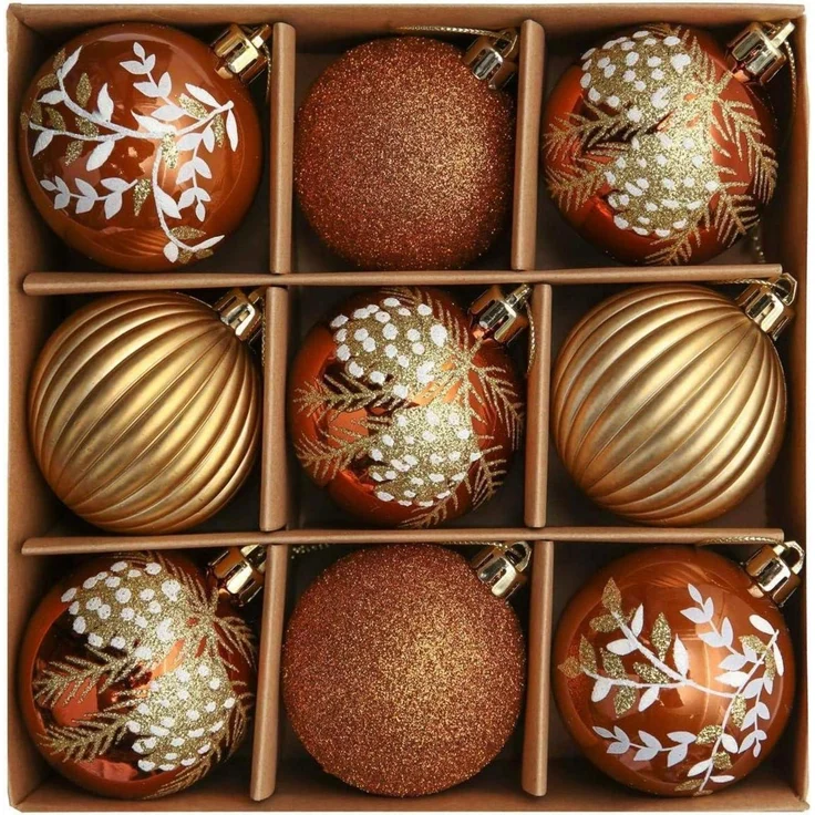 Valery Madelyn 9er Pack 6CM Kunststoff Weihnachtskugeln Wald Thema Kupfergold – Bild 1