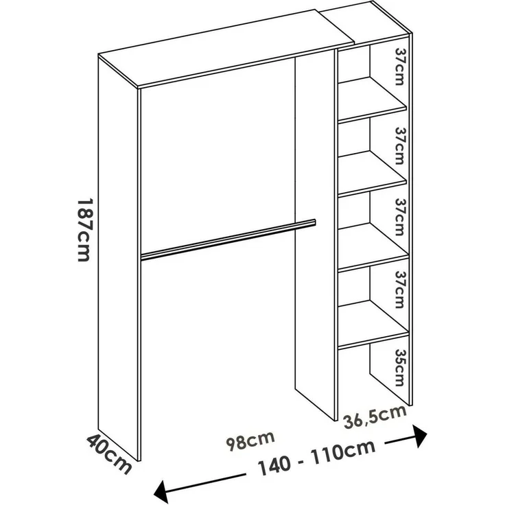 Dmora Großer Kleiderschrank Acquata, Struktur für begehbaren Kleiderschrank, offener Kleiderbügel, 140 x 40 x 187 cm, Weiß – Bild 3